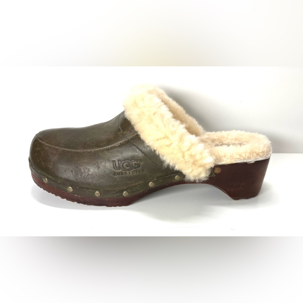 UGG Australia Shearling Lined Clogs Mule Heels Brown Leather Size 10 Women’s